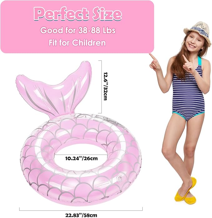 HeySplash Pool Floats Kids, Inflatable Swimming Ring Mermaid Tail Shaped Swim Tube Floaties, Summer Water Fun Beach Party Swimming Pool Toys for Kids Children Water Activities, Pink + Purple