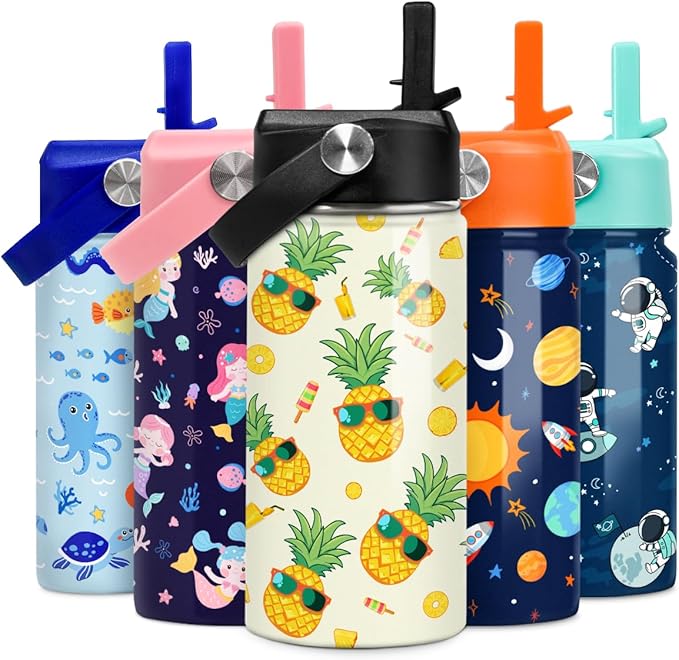 Kids Water Bottle Pineapple Water Bottles 12oz with Straw Insulated Stainless Steel Travel School Tumbler Double Wall Vacuum Cup for Girls Kid Boys