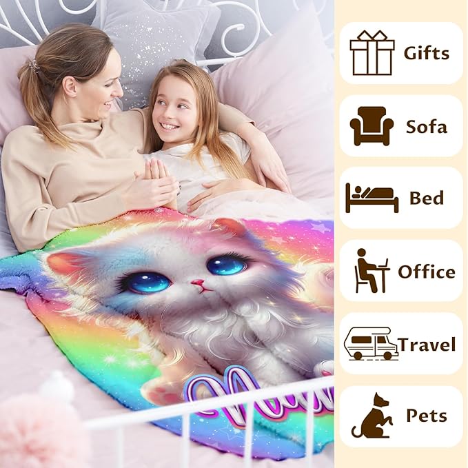 Cat Blankets for Girls 6-8, 40x50 Inches Custom Small Soft Fuzzy Cat Themed Pattern Prints Blanket with Name Cute Throws for Travel Camp Office All Seasons