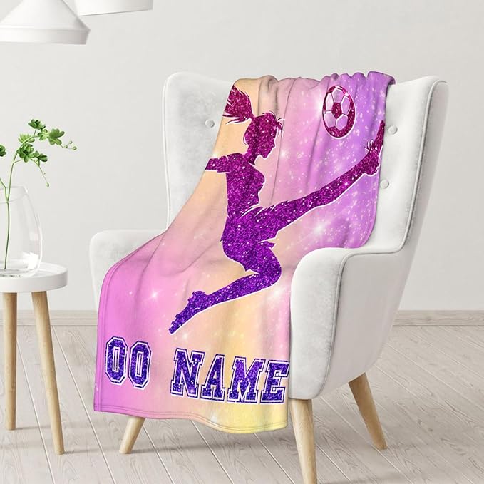 Custom Soccer Blanket Gifts for Girls, 40x50 Inches Sport Throw Blanket for Babies Kids Teens, Personalized Pink Soft Fuzzy Nap Blankets for Couch Sofa Bed