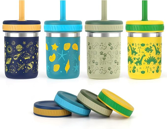 Sursip Stainless Steel Kids & Toddler Cups with Straws and Lids|15 oz Mason jars for Snacks & Smoothie|Spill-Proof Sippy Drinking Water Cups, BPA-Free, Dishwasher Safe