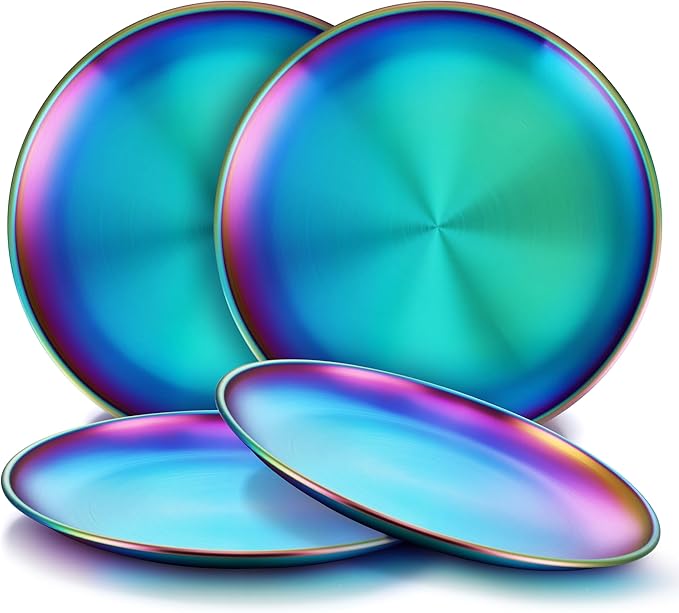 HaWare 4-Piece 18/8 Stainless Steel Plates, Metal 304 Dinner Dishes for Kids Toddlers Children, 8 Inch Colorful Feeding Serving Camping Plates, Reusable Dinnerware, Non-toxic, Dishwasher Safe, Rainbow