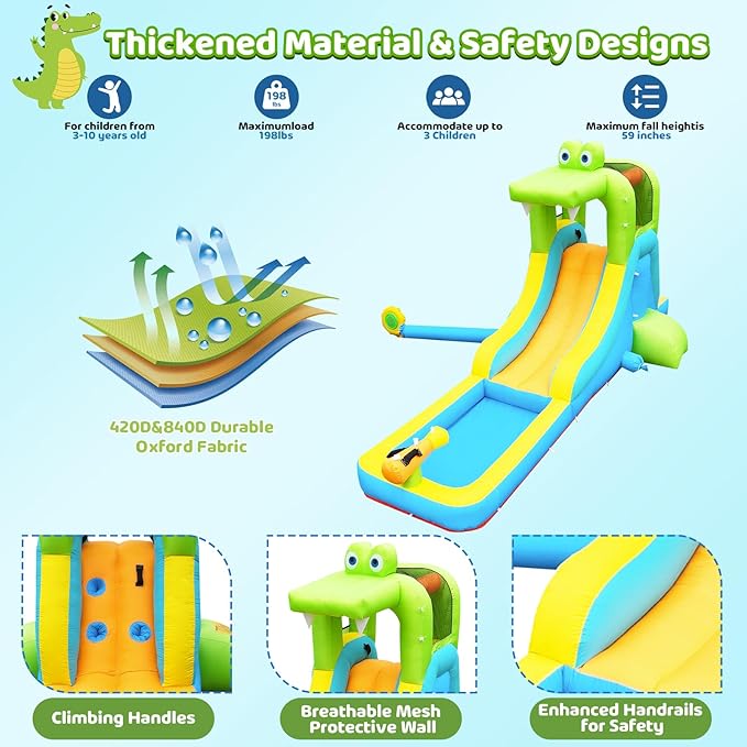Inflatable Water Slide - Crocodile Theme Bounce House Water Park with Blower, Climbing Wall, Splash Pool, Water Cannon, Blow up Toddler Waterslide for Kids and Adults Backyard, Green