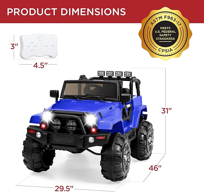 Best Choice Products Kids 12V Ride On Truck, Battery Powered Toy Car w/Spring Suspension, Remote Control, 3 Speeds, LED Lights, Bluetooth - Blue