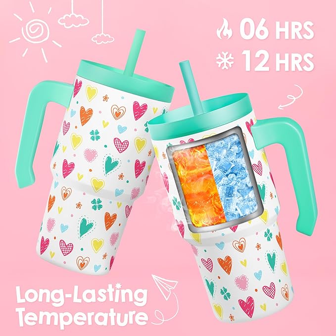 Heart Design Kid 20oz Tumbler with Handle and Silicone Straw Lid, Insulated Stainless Steel Cup, Gift for Kids Girls, Gifts Idea for Birthday Christmas Back to School