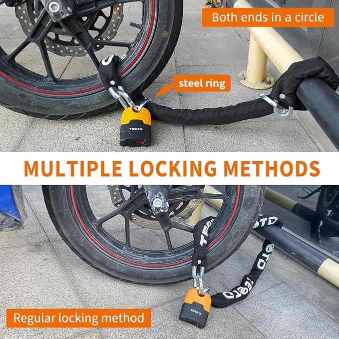 Motorcycle Chain Lock 6.6ft/200cm Heavy Duty Anti-Theft Security 10mm Thick With Bright-Colored Lock, 4 Keys for Motorcycles, Containers (10.36lbs)