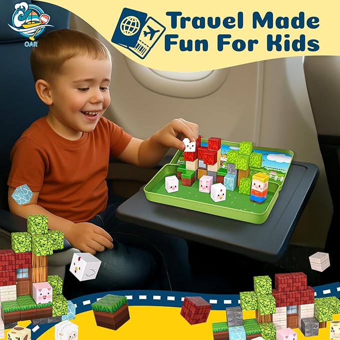 OAR Magnetic Blocks Farm Toys – Educational Magnetic Tiles & Building Set for Kids, Toddler Travel Toys with Portable Iron Box, STEM Birthday Gift for Boys, Girls & Toddlers Ages 3–8 Years Old