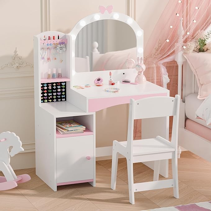 MU Kids Vanity, Girl Vanity Set with Mirror and Chair, 2 in 1 Toddler Makeup Vanity Table with Jewelry Storage, Wooden Princess Makeup Desk Dressing Table for Little Girls, White