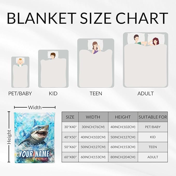 Personalized Shark Blanket for Boys - Teens Custom Shark Blankets Plush Cozy Flannel Throws Gifts for Crib & Room