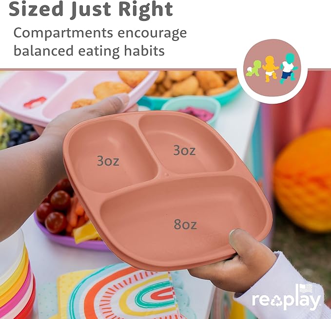 Re-Play Toddler Plates with Dividers & Silicone Lid - Deep-Walled 3 Compartments Divided Plates for Kids - Dishwasher/Microwave Safe - Made in USA - Set of 4-7.37" x 7.37" x 1.25" - Desert Sands