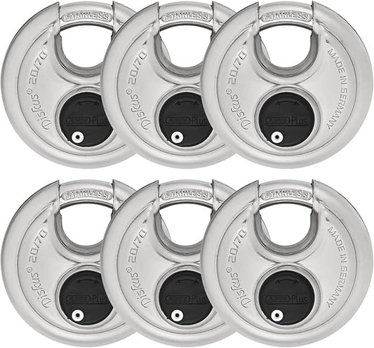 6 Pack ABUS Diskus 20/70 Heavy Duty Stainless Steel Disk Padlock - Rustproof Storage Lock with 3/8" Shackle - Made in Germany - Keyed Alike Code 323614