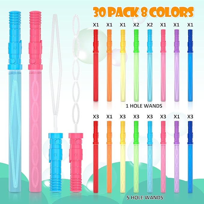 Inscraft 30 Pack 14’’ Big Bubble Wands, 8 Colors Bulk for Summer Toy, Outdoor / Indoor Activity Use, Easter, Birthday, Graduation, Shower, Bubbles Party Favors Supplies for Kids Toddlers