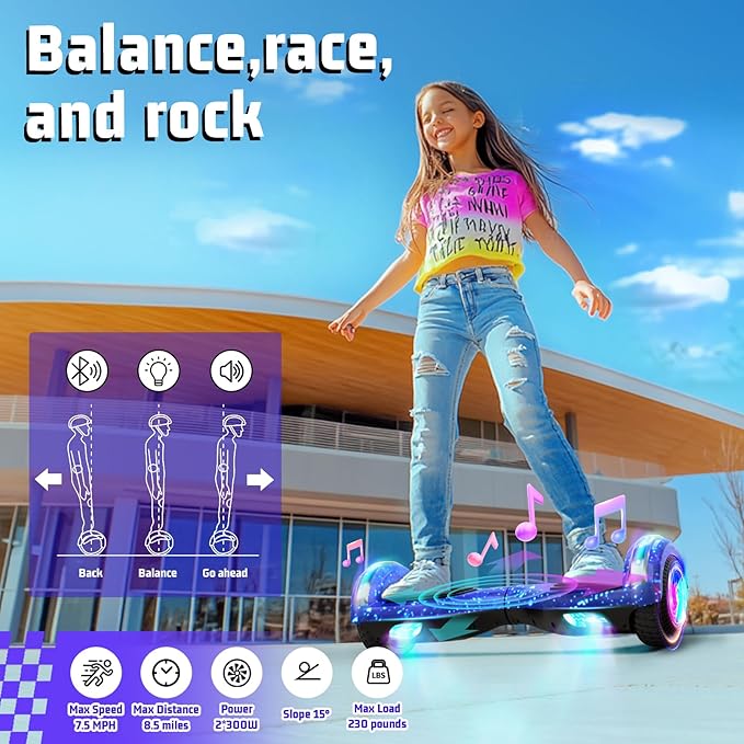 Scooter with Seat Attachment for Kids Adults, 6.5'' 8.5''Balancing Scooter with Bluetooth Speakers & Colorful LED Light with Kart