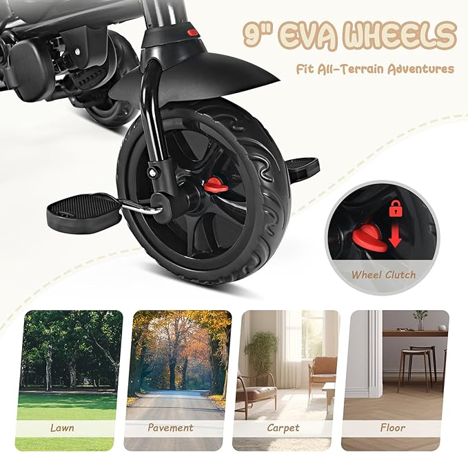 Folding Kids' Tricycle, 8 IN1 Baby Trike W/Removable Canpoy&Parental Push Rod, Toddler Bike Stroller for Kids 1-5 Years, 360° Swivel Seat, EVA Wheels，Storage Basket, Black