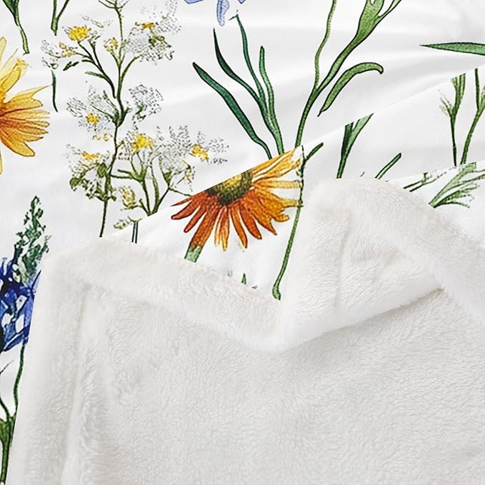 Watercolor Chamomile Plush Couch Throw Blanket - Decorative Botanical Floral Sherpa - Blossom Wild Flowers Fuzzy - Colorful Baby 30x40 Inch