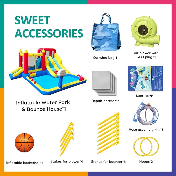 Inflatable Bounce House with Double Slide, Water Bounce Castle with Slide,Water Slide with Splash Pool, Water Cannon, Climbing Wall, Basketball Hoop, Backyard Water Slide for Kids