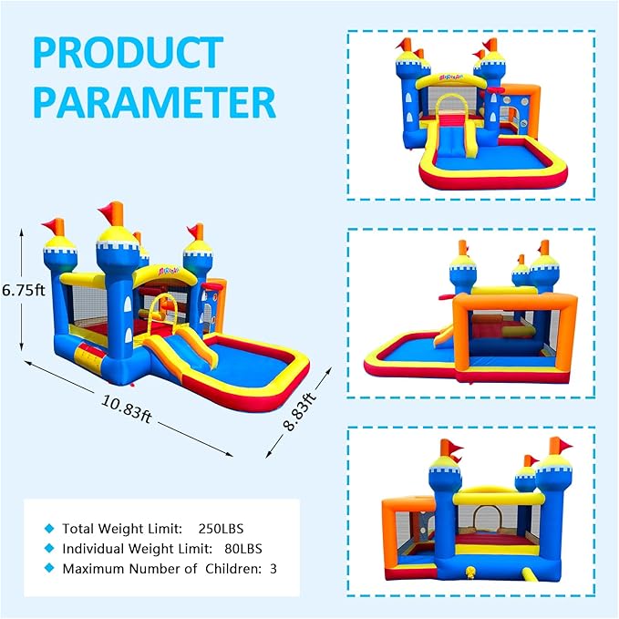 Inflatable Bounce House, Bouncy House for Kids 3-10 Ages, Jumping Castle with Air Blower,Carry Bag, Ball Pit, Basketball Hoop, Slide