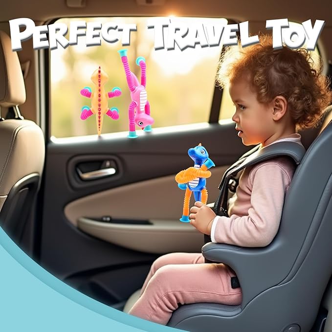 8Pcs Telescopic Suction Cup Dinosaur Toys,Sensory Toys for Kids 3-5 5-7,Toddler Toy,Fidget Toy,Toddler Travel Essential for Airplane,Pop Tubes, Christmas Stocking for Kids Boys Girls B