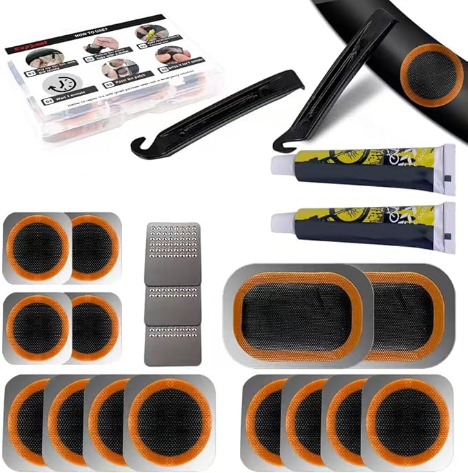 Bike Tire Repair Kit, Bicycle Inner Tube Puncture Patch Kits with Vulcanizing Patches, User Manual, Metal Rasp and Tire Lever, Bike Patch Kit for Mountain and Road Bike