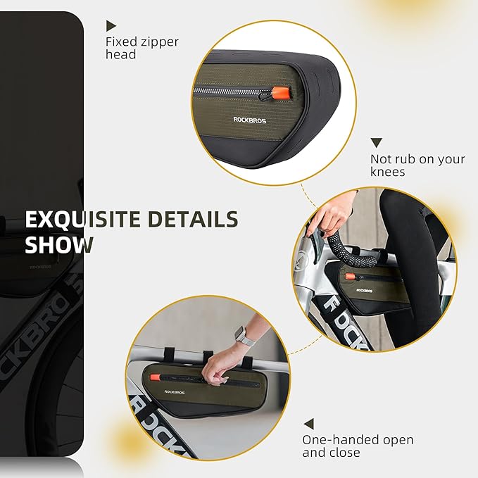 ROCKBROS Bike Frame Bag Bike Handlebar Bag Bike Bag with Large Opening Zippers, Bike Pounch For Mountain Road Bike, Quick Release 1.5L, olive drab, 30120079001-YXUS