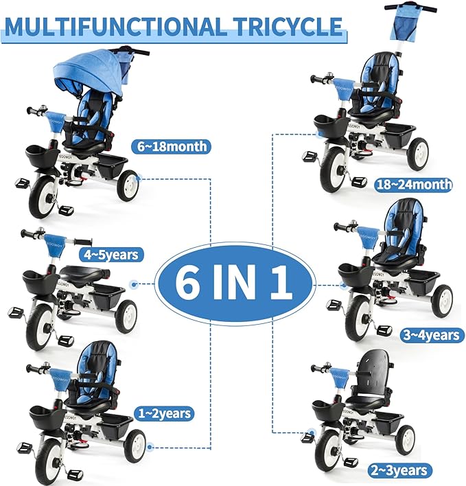 Baby Trike, 6-in-1 Kids Tricycle with Adjustable Push Handle, Removable Canopy, Safety Harness for 18 Months - 5 Year Old(Blue)