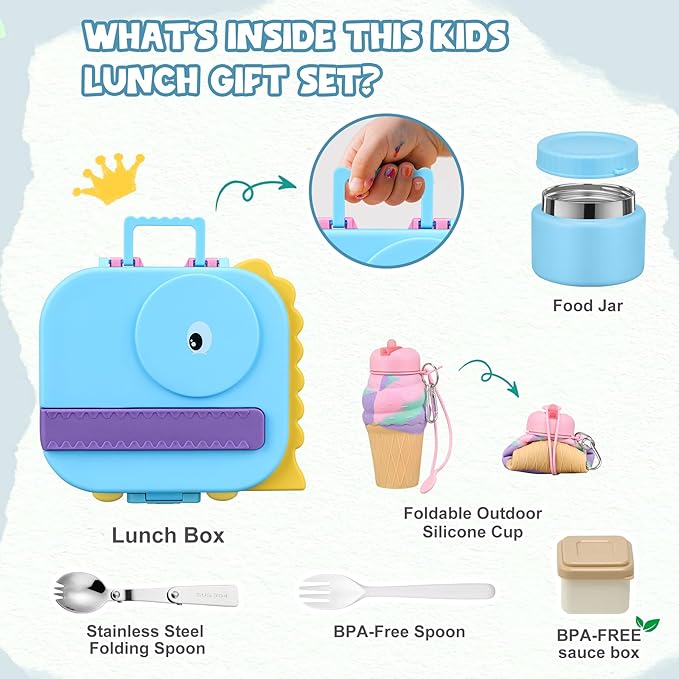 Dinosaur Lunch Box for Kids with Secret Compartment | 4 Compartments Bento Box + 12oz Insulated Food Jar | Leak-Proof Sauce Cup & Collapsible Spoon | BPA-Free, Dishwasher Safe(Grey+Grey Jar)