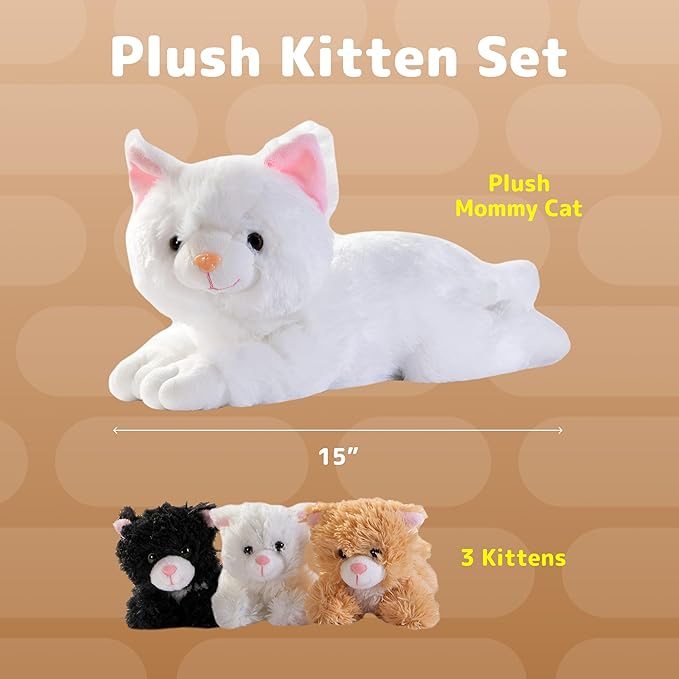PREXTEX Plush Cat Toys Stuffed Animal with 3 Cats Baby Stuffed Animals - Big Cat Zippers 3 Little Plush Baby Kittens - Cat Stuffed Animal with Babies - Gift for Cat Lovers, Cat Stuffed Animals