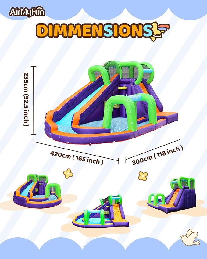 AirMyFun Water Slide InflatableBounce House for Kids with Blower. Family Backyard Bouncy Castle with Fun Doorway Tunnel, Climbing Wall,Long Safe Return Curved Slide and Ball Shooting