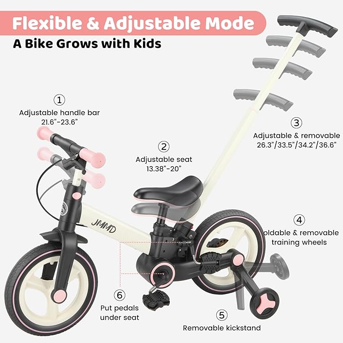 JMMD Toddler Bike with Push Handle for Kids 18-60 Months, 6 in 1 Foldable Push Bike with Training Wheels, Pedals, Brakes, Kickstand, Kid Balance Bike Gift & Toys for Boy & Girl