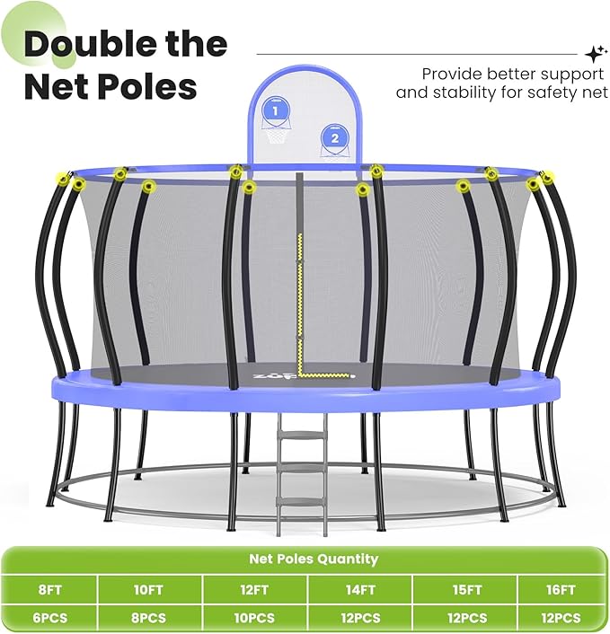 Zupapa No-Gap Design 16 15 14 12 10FT Trampoline with Safety Enclosure Net and Non-Slip Ladder 10-Year Quality Assurance Perfect for Kids Family Outdoor Backyard Fun
