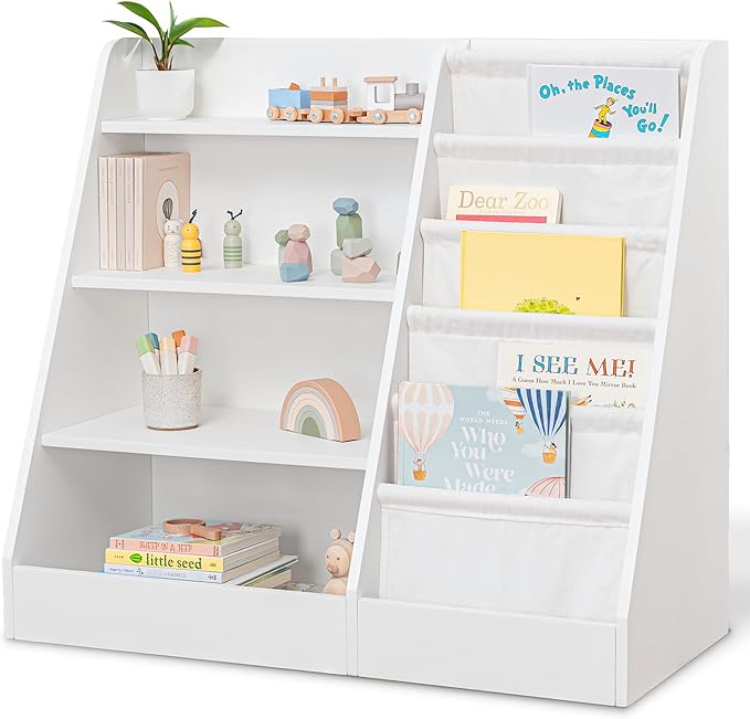 Comfy Cubs Kids Bookshelf 35.2 x 15.7 x 31.5 Inches - Sturdy MDF Montessori Book Shelf with Soft & Hard Shelves for Toys & Books - Child-Friendly, Easy Access Storage Organizer for Kids - White