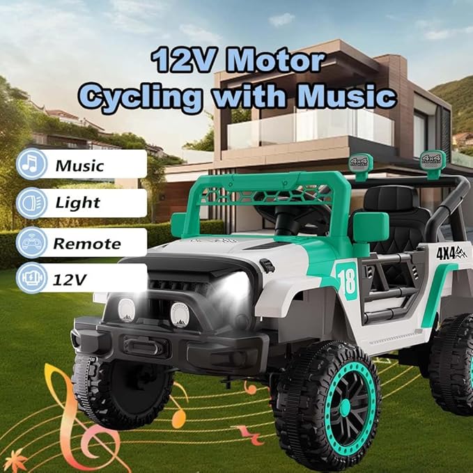 12V Kids Car, 4x4 Electric Car for Kids with Remote Control, LED Headlights & Music, Ride-On Truck Toy Gift for Boys Girls 3-8 Years (Jade Green & White)