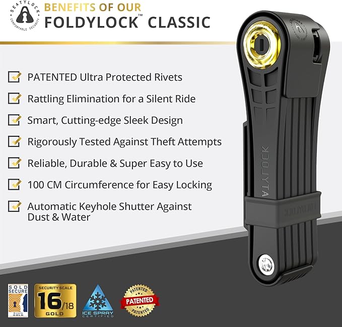 Seatylock FoldyLock Classic 100 Folding Bike Lock - Patented 16/18 High Security Sold Secure Gold Bicycle Lock - Heavy Duty Anti Theft Secure Guard with Keys & Case Mount - 39.4"