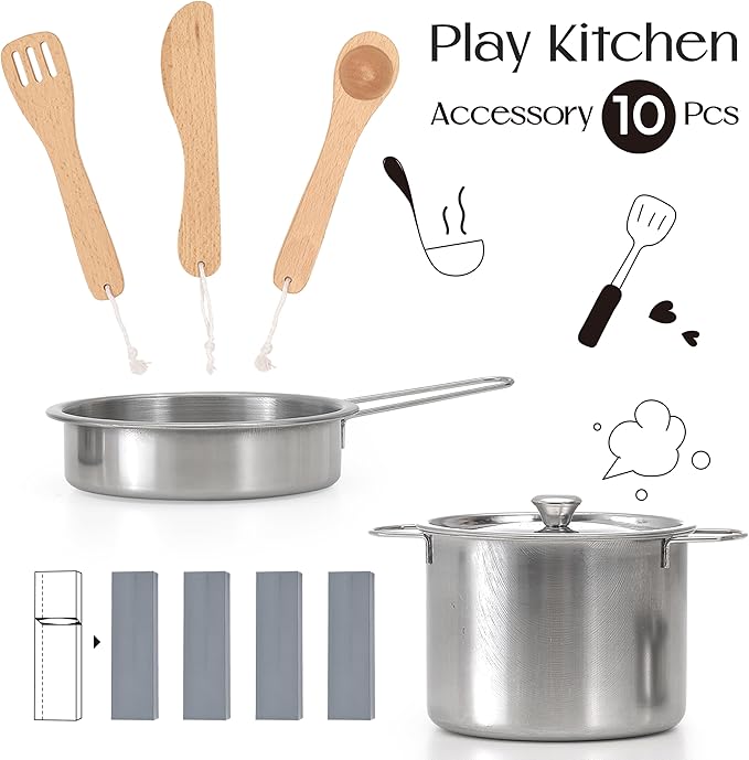 Wooden Play Kitchen for Kids, Adjustable Height Wooden Toys Kids Kitchen Playset, Mordern Designed Toys Kitchen Gift with Play Food Kitchen Accessoires for 3Y+