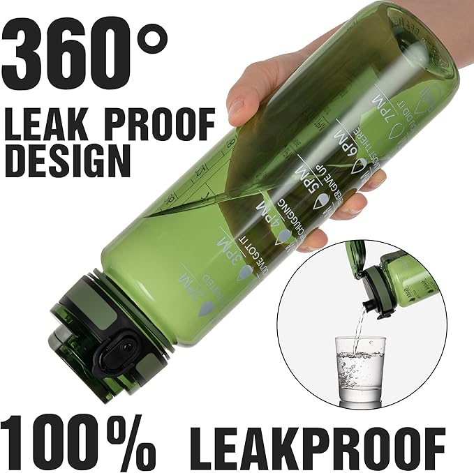 OLDLEY Water Bottle 32oz, Durable and Leakproof Water Bottles Motivational with Time Marker, Tritan, BPA Free, Wide Mouth, Gym, Travel, Home, School, Office, Olive (1 Bottle)