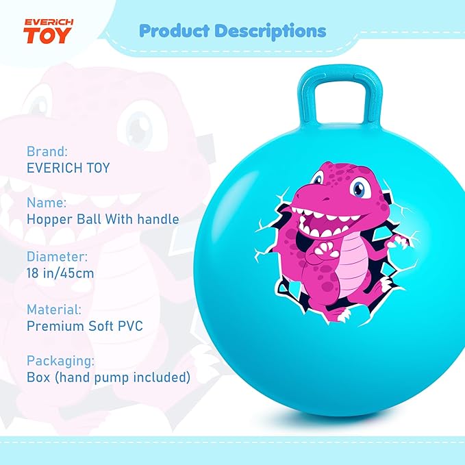 EVERICH TOY Hopper Ball for Kids 4-8, 18In Dinosaur Hoppity Hop Ball, Sit On Bouncy Balls with Handle, Indoor Outdoor Jumping Hopping Toys for Boys & Girls Gifts with Pump