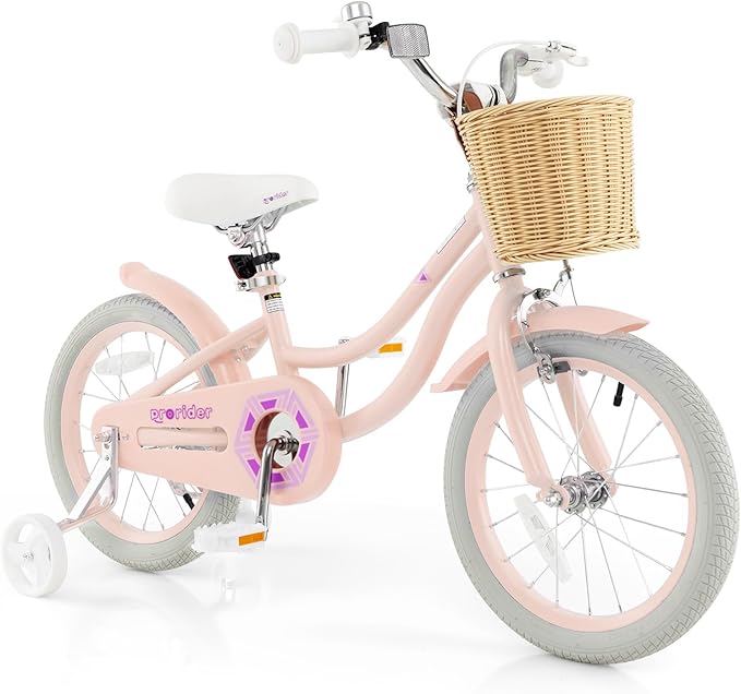 BABY JOY Kids Bike, 14 16 18 Inch Retro Kids Bicycles for 3-8 Years Old Children with Training Wheels, Adjustable Height, Rattan Basket, Handbrake & Coaster Brake, Boys Girls Bike (Pink, Green, Blue)