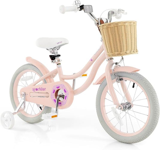 BABY JOY Kids Bike, 14 16 18 Inch Retro Kids Bicycles for 3-8 Years Old Children with Training Wheels, Adjustable Height, Rattan Basket, Handbrake & Coaster Brake, Boys Girls Bike (Pink, Green, Blue)