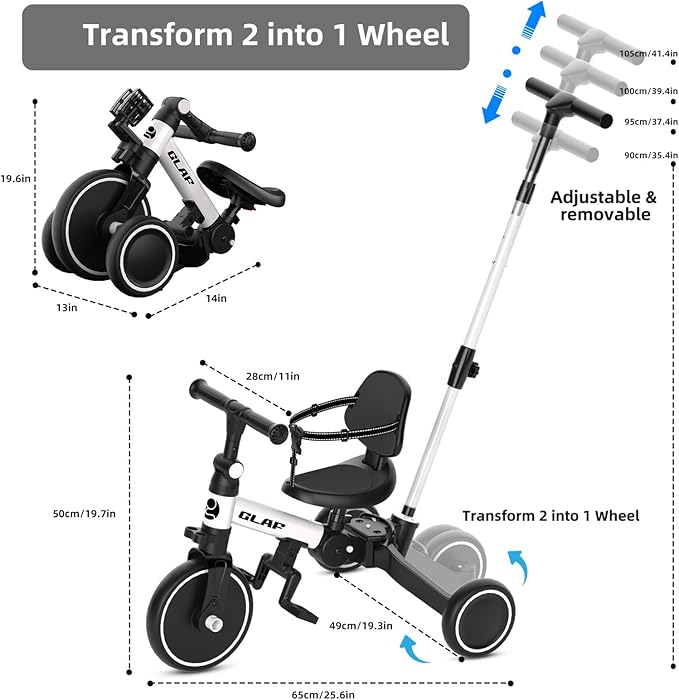 Glaf Tricycle for Toddlers 1-3 Toddler Bike Tricycles with Push Handle 2-4 Years Baby Bike Boys and Girls Balance Bike Birthday Toys with Removable Pedals Adjustable Seat Height and Backrest (White)
