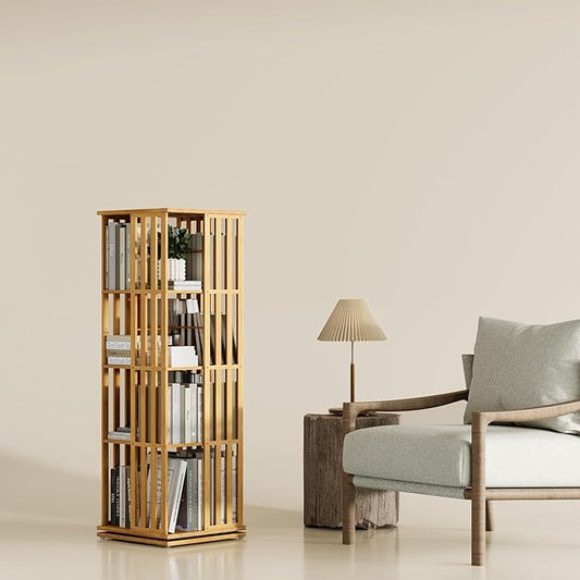 YOWOS Rotating Bookshelf Tower, 360 Display Spinning Bookcase, Bamboo Bookshelf Floor Standing Storage Rack, Wood Narrow Book Shelf Organizer for Kids&Adults (Nature, 4 Tier)