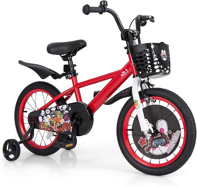 BABY JOY Rabbit Pilot Sporty Kids Bike, 12 14 16 18 Inch Child Bike for 3-8 Years Old with Adjustable Height, Training Wheels, Storage Basket, Handbrake & Coaster Brake, Kids Bicycle for Girls Boys