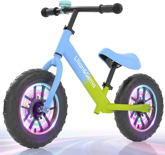 Lilian&Gema Toddler Balance Bike Colorful Lighting, 12'' Kids Balance Bike for 2-5 Years Old with Adjustable Seat & Handlebar, Toddler Gift Bike Suitable for Boys and Girls Ages 2 3 4 5