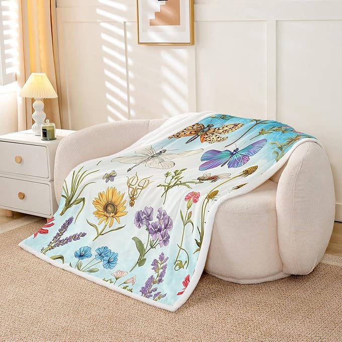 Feelyou Dragonfly Throw Blanket Butterfly Plush Girls Women Colorful Floral Botanical Sherpa Kids Boys Bright Room Decor Beautiful Animal Fuzzy Blanket Sofa Bed Couch, Queen 90x90 Inch Multi 022