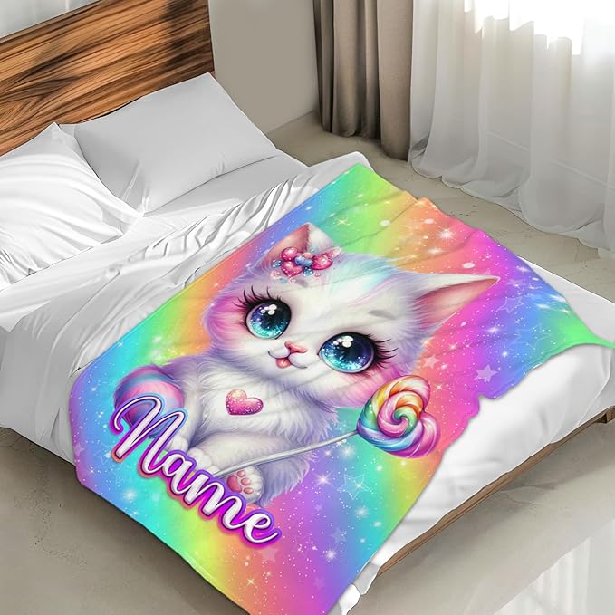 Blanket for Kids Toddlers Girls Age 3-5 Personalized Cute Cat Themed Stuff Throws, 30x40 Inches Small Soft Fluffy Warm Customized Name Cat Prints Throws Gifts for Sofa Chairs Lap