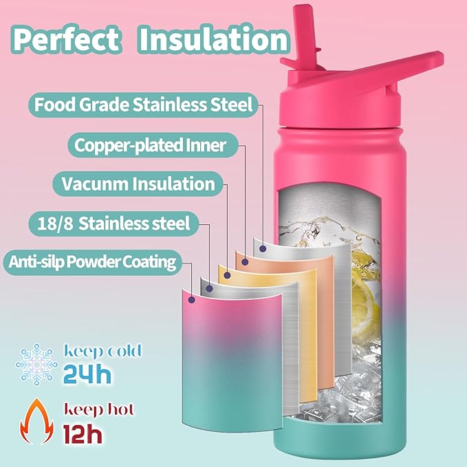 Mininoo Girls Water Bottle for School, 16oz Stainless Steel Insulated Metal Water Bottle with Straw Lid for Boys (Purple/Sky)