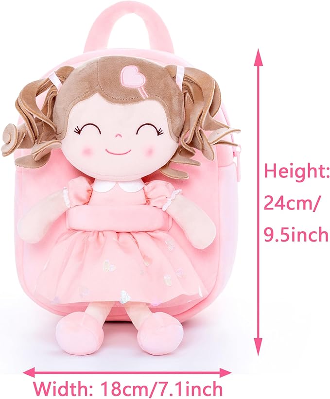 Gloveleya Toddler Backpack Baby Girl Gifts Plush Bag Diaper Bag with Spring Girls Doll Curly Hair Girl Toys with Love Pink