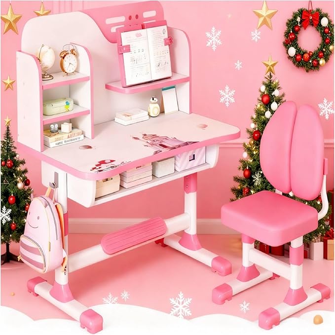 Kids Desk and Chair Set,Height Adjustable School Study Study Table Chair Set with Astronaut Pattern, Ergonomic Desk Chair with Large Writing Board, Bookshelf and Drawer Pink