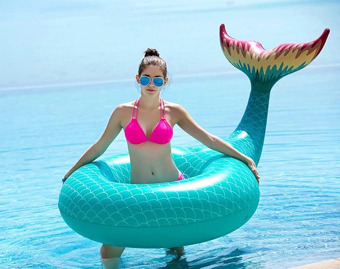 Jasonwell Giant Inflatable Mermaid Tail Pool Float with Fast Valves Summer Beach Swimming Pool Party Lounge Raft Decorations Toys for Adults Kids (Green)