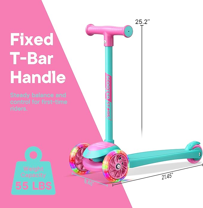 3 Wheel Scooter for Kids, Smooth Light Up LED Front Wheels, Wide Anti Slip Deck, Rear Foot Brake, Easy Lean to Steer Maneuvering, Indoor & Outdoor Ride On Toys for Ages 2 Up