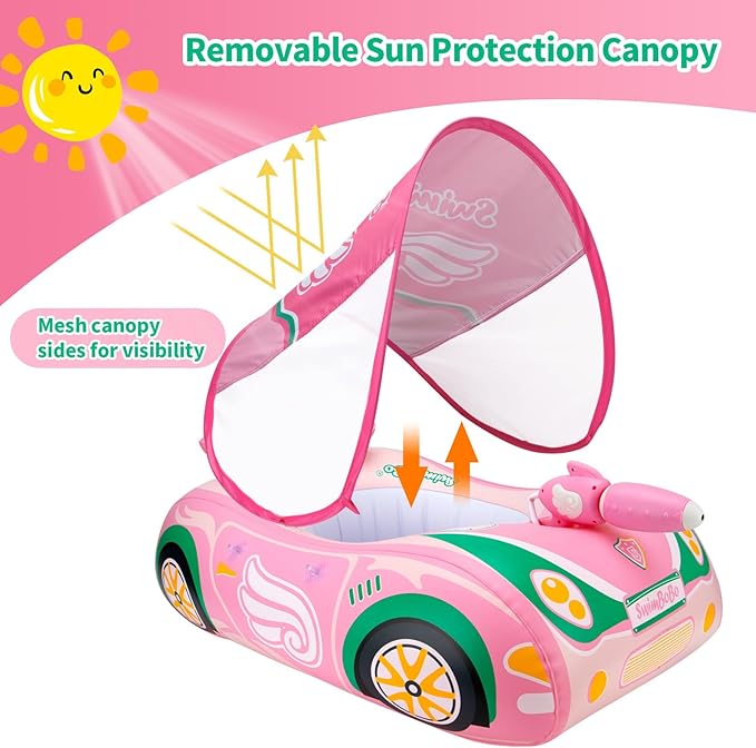 Swimbobo Toddler Pool Float Inflatable Car Baby Swim Float with Adjustable Sun Canopy and Safety Seat Pool Toys for Kids 3+ Years Old